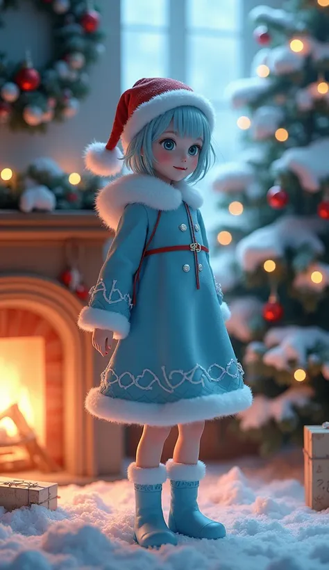  imaginary　snow　 Fireplace Fire 　 Christmas tree　decoration　 cute　１８age　 girl　Short Hair　 light blue hair　Santas light blue hat　light blue Santa costume