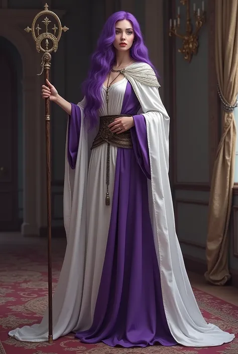 there is a woman with purple hair and a staff in a room, concept art inspired by Master of the Legend of Saint Lucy, tumblr, renaissance, posing with a staff, thicc, cosplay, she is holding a long staff, full body and head view, holding a pudica pose, full...