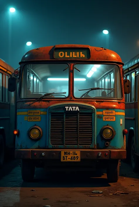 "Create a highly realistic 8K depiction of an old, worn-out red and blue public bus stationed in a dimly lit urban environment. The bus should have a classic design with a slightly rusted front grille, a Tata logo in the center, and distinct blue and red p...