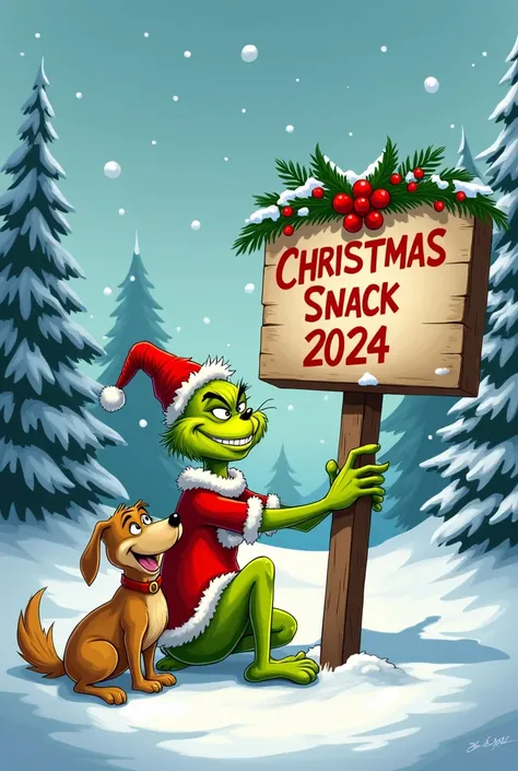 Images of the Grinch with his dog leaning on a sign and writing in it Christmas snack 2024 in French