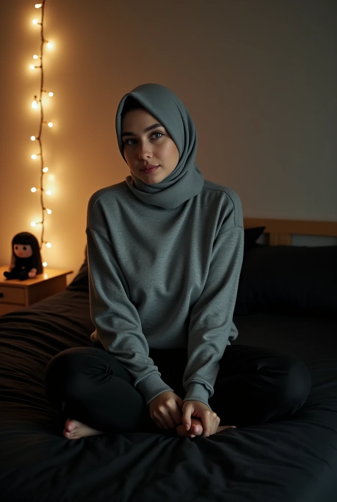 A photo of a beautiful korean woman chubby with fair skin looking at the camera, blue eyes. Wearing a hijab, wearing a soft grey turtleneck and tailored black trousers. She is seated on a simple black bed in bed room, while holding a handphone. The room is...