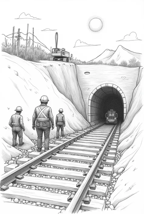 Peux-tu me faire un dessin, comme si cétait dessiné par un rnfantau crayon papier, avec les éléments suivants ? Un rail avec des traverses et du balast, un tunnel qui est sur ce rail. À côté, il y a une équipe avec des hommes et des femmes qui portent des ...