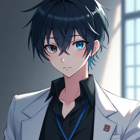 Blue archive/Sensei/Anime boy with short black with white hair, , Left eye black eye and right eye blue eye, showing the blue eye  a black office shirt , Name tag with blue neck strap , and white suit. Image from head to Black long pants