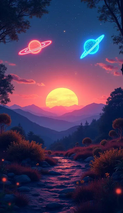 In a serene twilight landscape, depict the solar system with neon outlines of the sun and planets. Create a vibrant gradation of colors from orange to deep blue in the sky, with distant mountains silhouetted against the horizon. Incorporate whimsical featu...