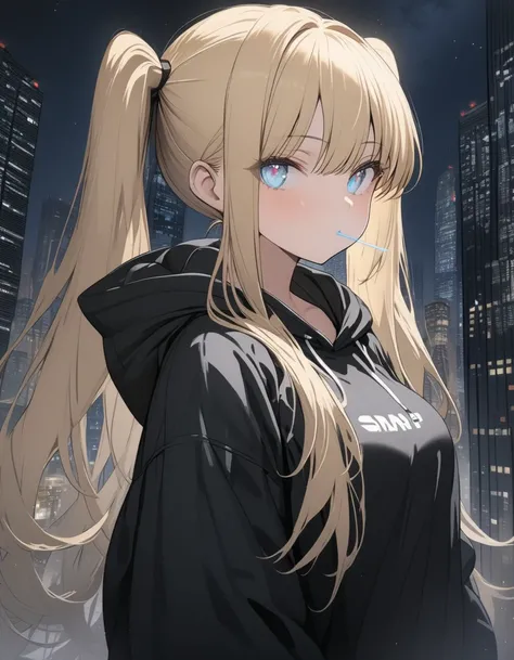 masterpiece,high quality,a girl,blonde hair,twintail,clear eyes,black hoodie,jeans,night,skyscrapers,height,outside,stars,blowing