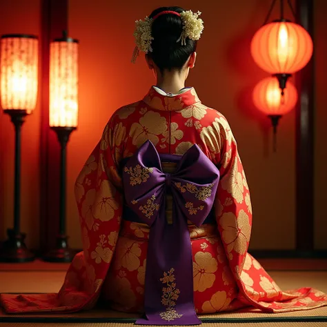 Oiran、Kimono、 splendid kimono、Ida Hyogo、Yoshiwara、Red light district、Tahlo、A kimono with a flashy pattern、The knots on the obi are big and long、The colors of the obi are flashy purple and gold、Sideways to backwards、A lantern on tatami１indivual、Long kimono、...