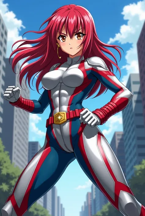 My Hero Academia Style , Anime girl, female, young female ,Full Body Shot,(fighting stance:1.3),Long hair, Red Hair,  Brown Eyes,Hero Suit, Full Body Suit, Silver suit with Red and Blue details,perfect anatomy,  Toughened Abs,super detailed,(Buildings:1.2）