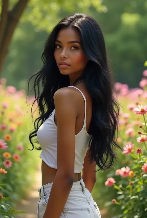  best quality , portrait, A beautiful woman , medium brown skin ,  long black hair parted to the side ,  in casual dress walking in a flowery park