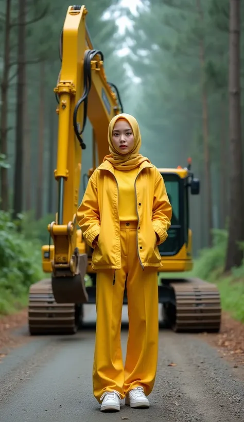 photograph realisme 1.2 of beauty woman korean hijab wearing jacket yelllw and yellow tshirt,and long yellow trousser with sneaker ,pose standing front yellow excavator PC 200 KOMATSU  the excavator park alone on the side empty tropical forrest ,with a lot...