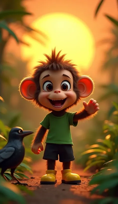     3D animation a cute baby monkey cub,  medium size brown funcky hair a black shorts and green t-shirt. Yellow boot.   night image,    

The cheerful monkey, waving goodbye to the crow, walking happily into the jungle, looking for more mangoes, under a g...