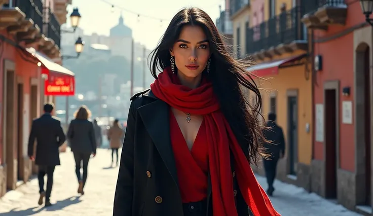 Brighten up people 、 walking alone in a Spanish port town in winter、Beautiful woman with long black hair、 red innerwear and black trench coat、Im wearing a red scarf around my neck、With earrings、 real