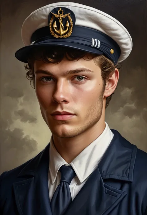 there is a man wearing a hat and a sailor suit, in a hyperrealistic painting style, inspired by Niklaus Manuel, young brunette, fan art, digitally painted, liam, handsome man, chriss foss, in the style of a realistic painting, portrait of a young sailor, i...