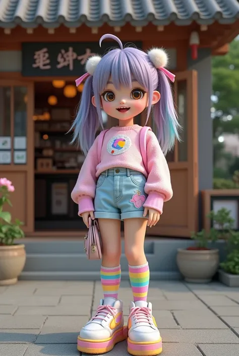 A bubbly Chinese woman, 30s, inspired by Harajuku street fashion, wearing a pastel oversized sweater with cute cartoon prints, rainbow-striped knee-high socks, platform sneakers, accessorized with fluffy hair clips and a mini backpack, standing in front of...