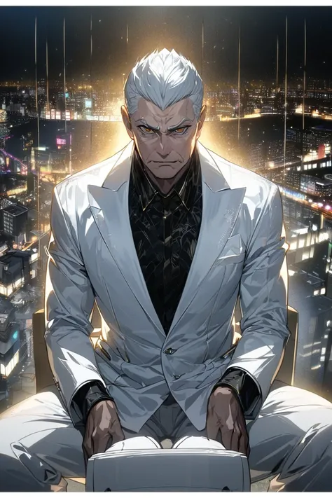 An anime-style portrait of a 50-year-old man inspired by Yoshimura and Kishou Arima from Tokyo Ghoul. The man has short, smooth, and silky white hair with white eyelashes and striking golden eyes. He sits in front of a night view of Tokyo, illuminated by c...