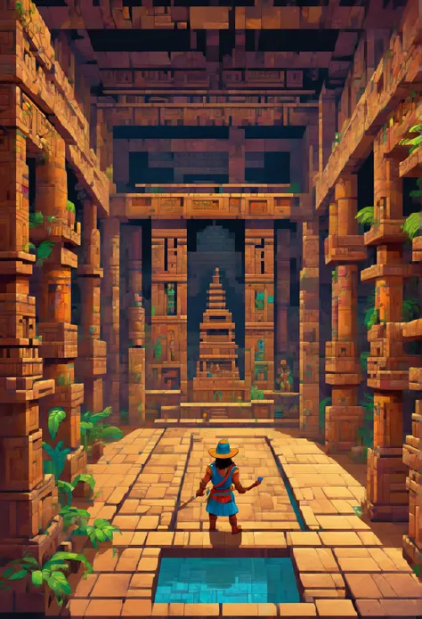 Retro Game side scroller, retro-style indiana jonse, in inca temple dungeon (masterpiece, best quality, perfect composition, very aesthetic, absurdres, ultra-detailed, intricate details, Professional, official art, Representative work:1.3) Rick Dangerous