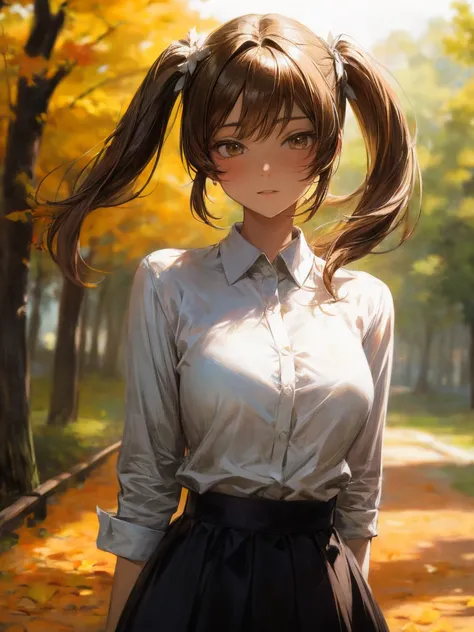 (masterpiece, highest quality:1.2),  1 girl, (Clear white skin) , 
((wife)), (button-up shirt) 
, Autumn park, autumn leaves
, (lots of drool), The body shakes violently,
 ((Hasselblad Photos)), [:(detailed face:1.2):0.2], 
, Brown hair twin tails , Big br...