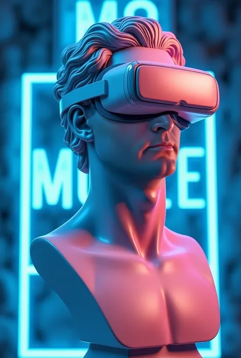 The image features a bust sculpture of a man  resembling a classical figure, adorned with futuristic virtual reality goggles. The statue has a glossy finish, reflecting shades of blue and pink, which adds a modern, digital aesthetic. The background is vibr...