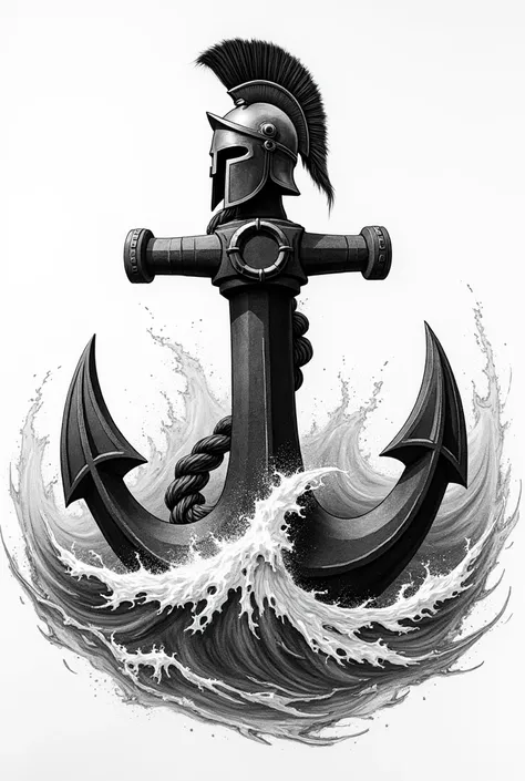 Black and white sketch of a large anchor and waves and a Spartan warrior helmet