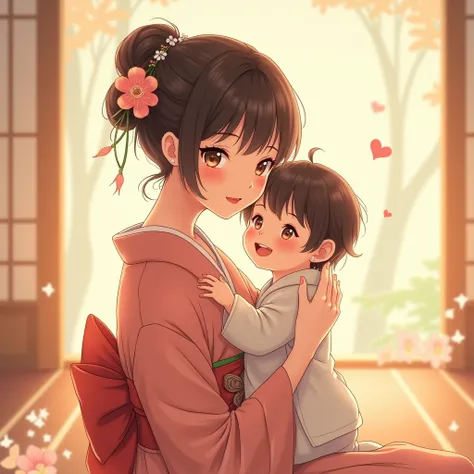  anime style　Mother and baby　Facing forward and smiling　happiness