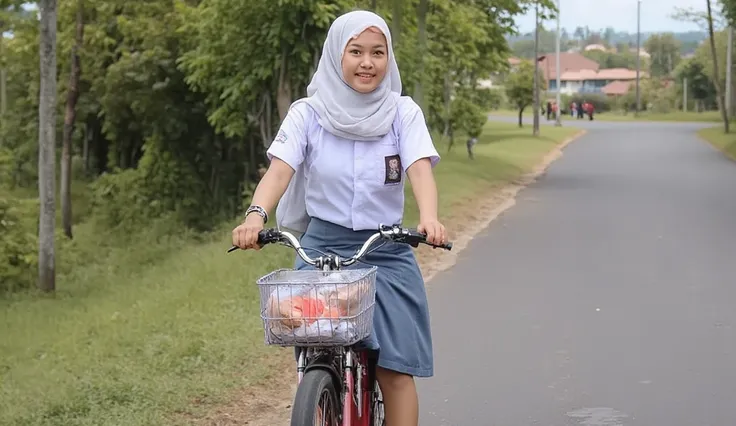 ((ultra-realistic photo)) [A beautiful 17-year-old Indonesian girl with smooth, clean skin rides a simple, vintage-style bicycle (sepeda ontel) on a quiet rural road. She wears a clean white hijab and a classic Indonesian high school uniform, consisting of...