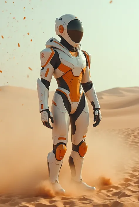 live-action、 real、desert、 upper body、Im wearing a white and orange cyberpunk suit、 full face helmet、Countless sands stand still in the air