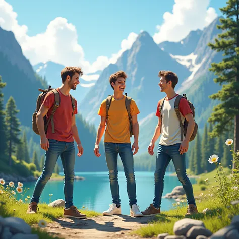 Three idiot boy friends age 22 playing pranks on each other, in a beautiful scenic location,and they are enjoying 
