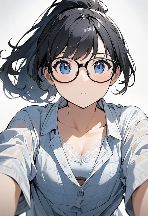 (masterpiece:1.2), top quality , one girl、 College Student  、 black hair、 ponytail 、White Big Ribbon、Glasses、 Blue Check Miniskirt ,Summer Suits、( lace panties ),  loose socks, Sneakers, full-body portrait crossing the camera,White background、partially und...