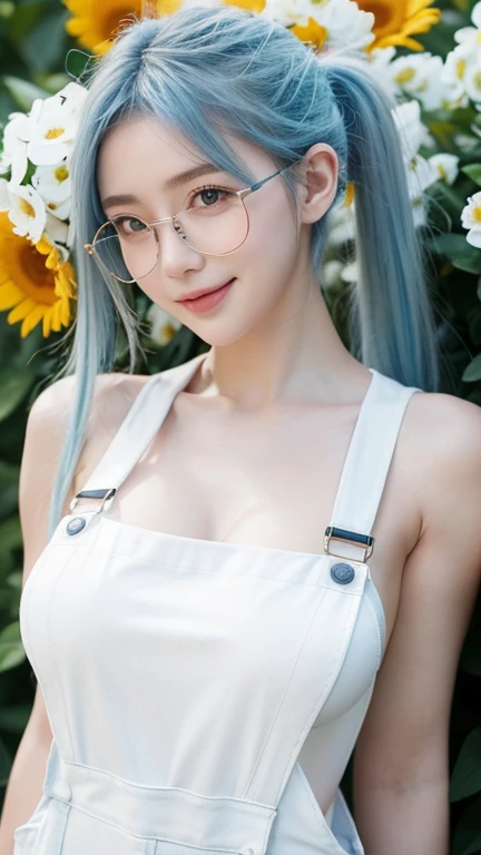 1 Girl, Beautiful, Baby Face, 20 Years Old, White Skin, Cleavage, Sleeveless, ((White Overalls Outfit)), ((muscles:1.1)), Colourfull Flower Garden Background, Blue Hair, Smile, Hands Behind a Head, Blue Twintails, Perfect Body Anatomy, ((breastssize:1.3)),...