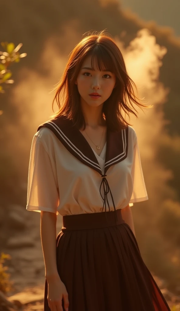 Perfect Composition on a Board , Proper placement, Golden Ratio,  goddess shot,  beautiful Japanese woman  ,  brown hair,  wavy hair :1.21,  Brown Eyes  :1.21,  traditional sailor suit at a prestigious high school in Tokyo の体型,  perfect beauty,  flat chest...