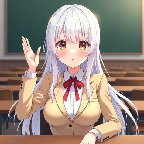  girl、 College Student 、White Hair、Beautiful Hair、uniform、 beige blazer to mop、 with red ribbon on the chest、 Big Breasts 、classroom、Take a class、Raise your hand、 illustration style 