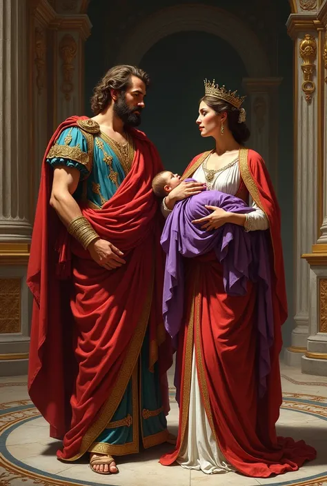 
" King Philip II and Queen Olympias standing in the magnificent chamber with baby Alexander wrapped in purple cloth, held by the empress ."