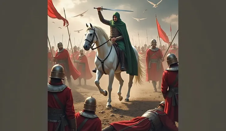 In the midst of a chaotic battlefield, a solitary figure on horseback commands attention. The rider, cloaked in Green , sits tall atop a majestic white steed. A sword is gripped firmly in one hand, held aloft as if ready to strike down any foe. The horse a...