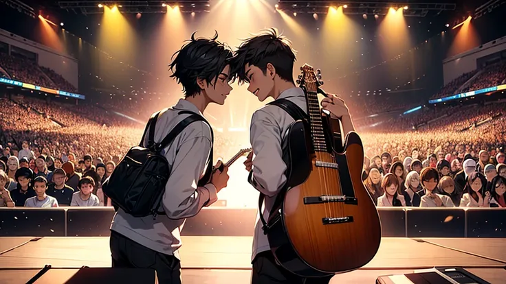  facing each other so as to surround the young man with the desk in place of the stage 、Back view of young man playing electric guitar for audience。The audience is cheering at the 、 young man 。The audience is cheering at the 、Facing each other so as to sur...