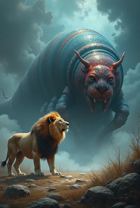 giant caterrpiller and lion look front danger look image
