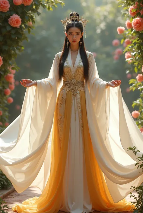 Chinese princess, long hair, straight, big breasts, wearing luxury Chinese dresses, golden, Chinese queen dresses, fabrics in bulk ,  white, long, smooth, luxurious shawl, a lot of Chinese queen position metal hair ornaments, high hair boxing in a garden w...