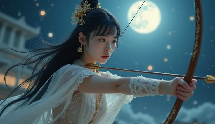 Realistic Artemis, the beautiful chinese girl goddess of moonlight and hunting,long bangs hair wearing white lace  see through sexy costume, Famous for her archery bow arrow, she is flying in sky, background blur fullmoon night sky ancient vintage greek ar...