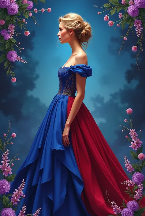 whimsical realistic illustration of a beautiful European woman standing wearing an elegant blue and red dress with intricate pleats that create a sense of luxury. the persons hair is arranged in a hairstyle and is set against a background of deep blues and...