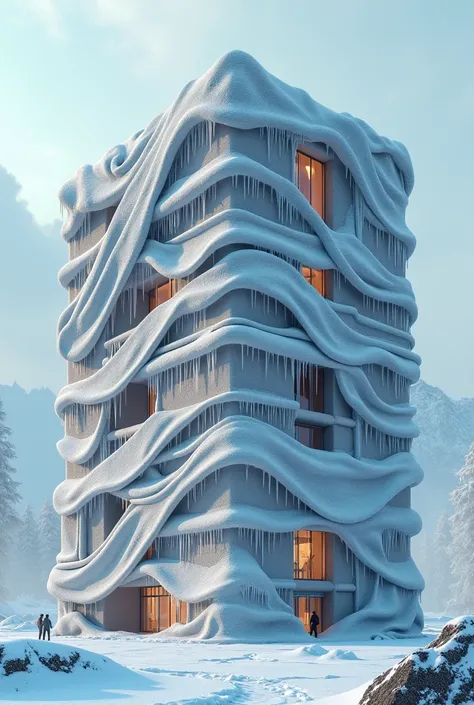 a square shaped building wrapped by blankets, in northern area, 3-srorey bulding, a lot of icicles