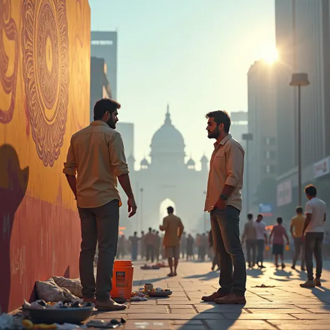 realistic 4k ultra HD quality image, morning time, a 30 year old Indian Arjun wearing ordinary clothes getting a painting done on the wall of a big square in the city and a man talking to Arjun,