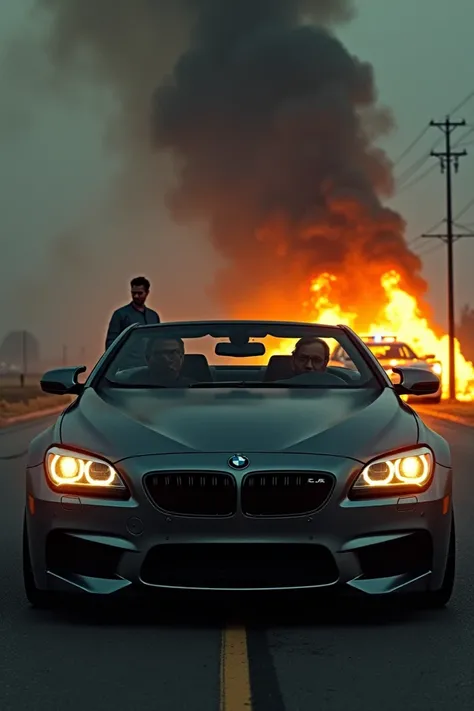 One man sit car bmw and back side police car on fire back window BMW 