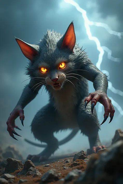 "A hyper-realistic hybrid creature blending the features of a cat and a rat, inspired by Pokémon design aesthetics. The creature looks dangerous and imposing, with sharp claws, glowing eyes, and a fierce posture. Its body combines feline grace with rodent ...