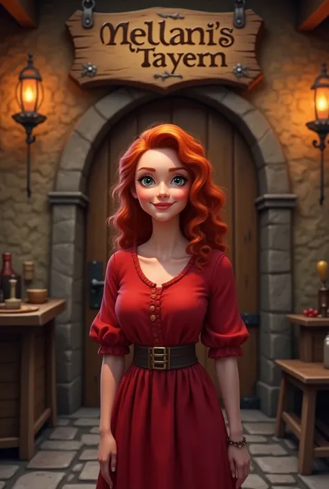 in a medieval tavern,a red - clothes curly -haired young women is smiling sweetly. Therr is a door behind her.Above the door is the name "Melanis Tavern".