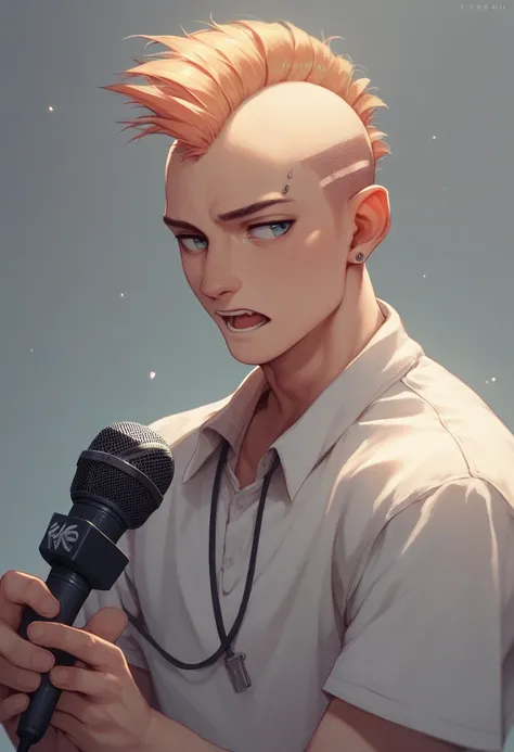 Mohawk boy, ear wider, and baggy shirt, and microphone in hand