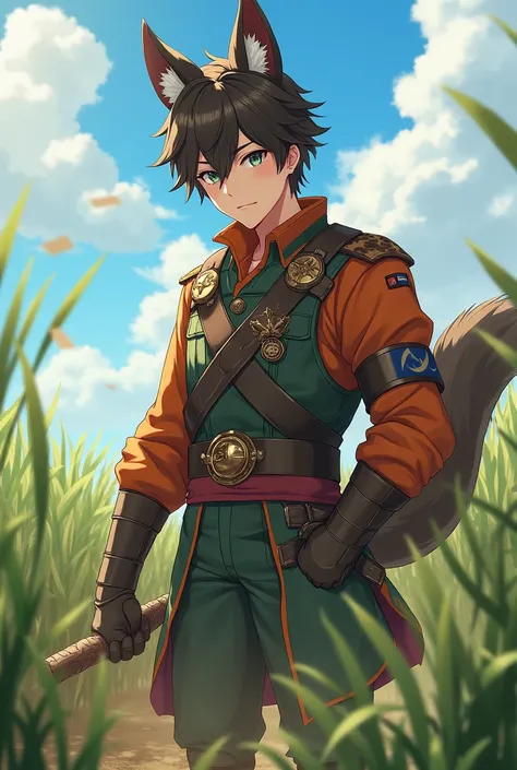  The current male soldier looks like a handsome anime. , , about 20 years old , But the ear is an animal . He was farming for the people. The picture saw the whole body and two legs and the other two feet were also visible.. 