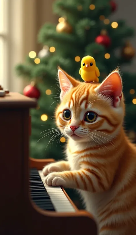 A real cat playing a piano while another real cute yellow bird its on top of its back and looks at the camera, artist, fantasy art, cute and funny, a picture and a christmas tree as a background."