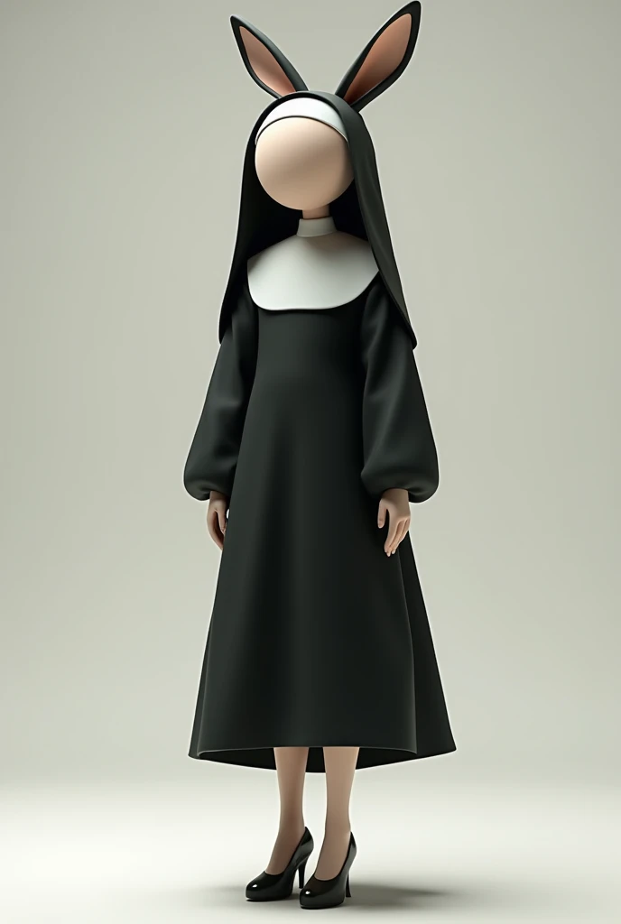 Very Short, 4 Foot  Height,Slender, Petite, Curvy Headless Body With Really Small, Flat Chest, Side Curves and, Bunny Girl Ears Front Facing Viewers Wearing A Nuns Habit And Heels 