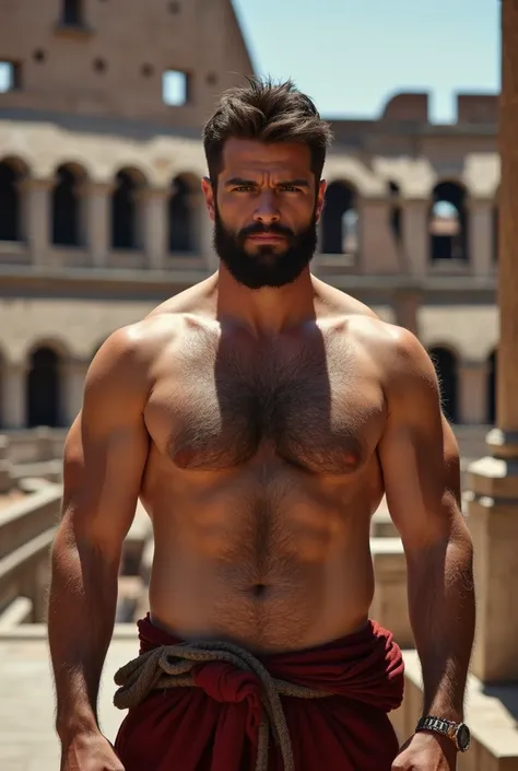 two naked men, 32 year old with athletic body  .  (((((( Very hairy and hirsute chest with dense hair all over his torso  ))))))  with hairy arms and legs  .  He has short dark brown hair and a short dark brown beard. Theyre completely naked.. Roman Coloss...