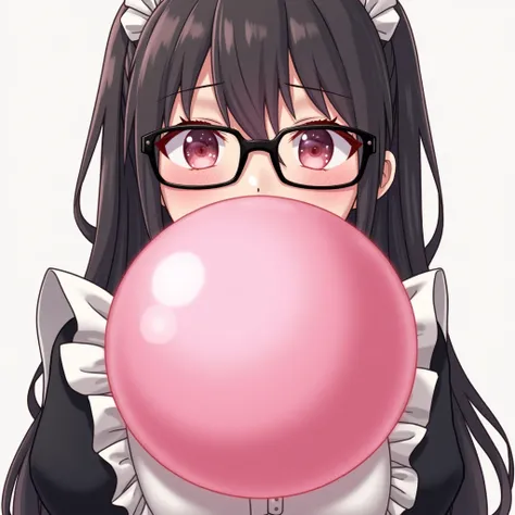 A really hot maid black glasses normal anime girl blowing a gigantic bubble gum 1girl, Blush, High Resolution, Best Quality, Hair, Blush, Smile,she blowing the biggest bubble gum ever,she dont hold the huge pink bubble gum 
While facing in the ,while sitti...