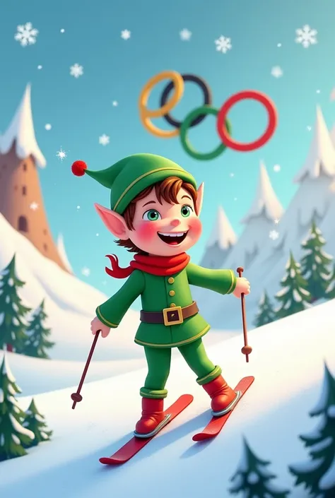 Create for me an animated image of a Christmas elf with brown hair in a square with white skin skiing on the theme of the Olympic Games