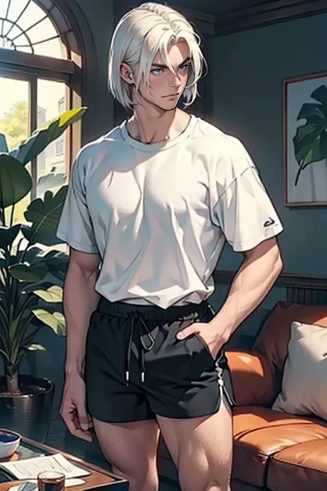 ((masterpiece)), (((best quality))), solo, ninja, 1 male, pale white skin, white hair, ((straight hair)), (((medium-length hair))), side part, ((bob hairstyle)), loose hair, handsome young man, blue eyes, lean, tall, slender, (large pecs), (wide hips), (th...